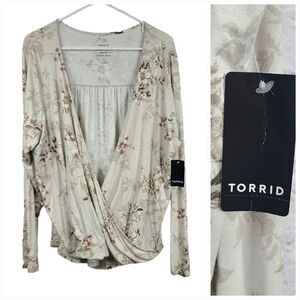NWT Torrid Super Soft Knits Surplice Midi Top Long Sleeves Stretch Tan Floral 1X